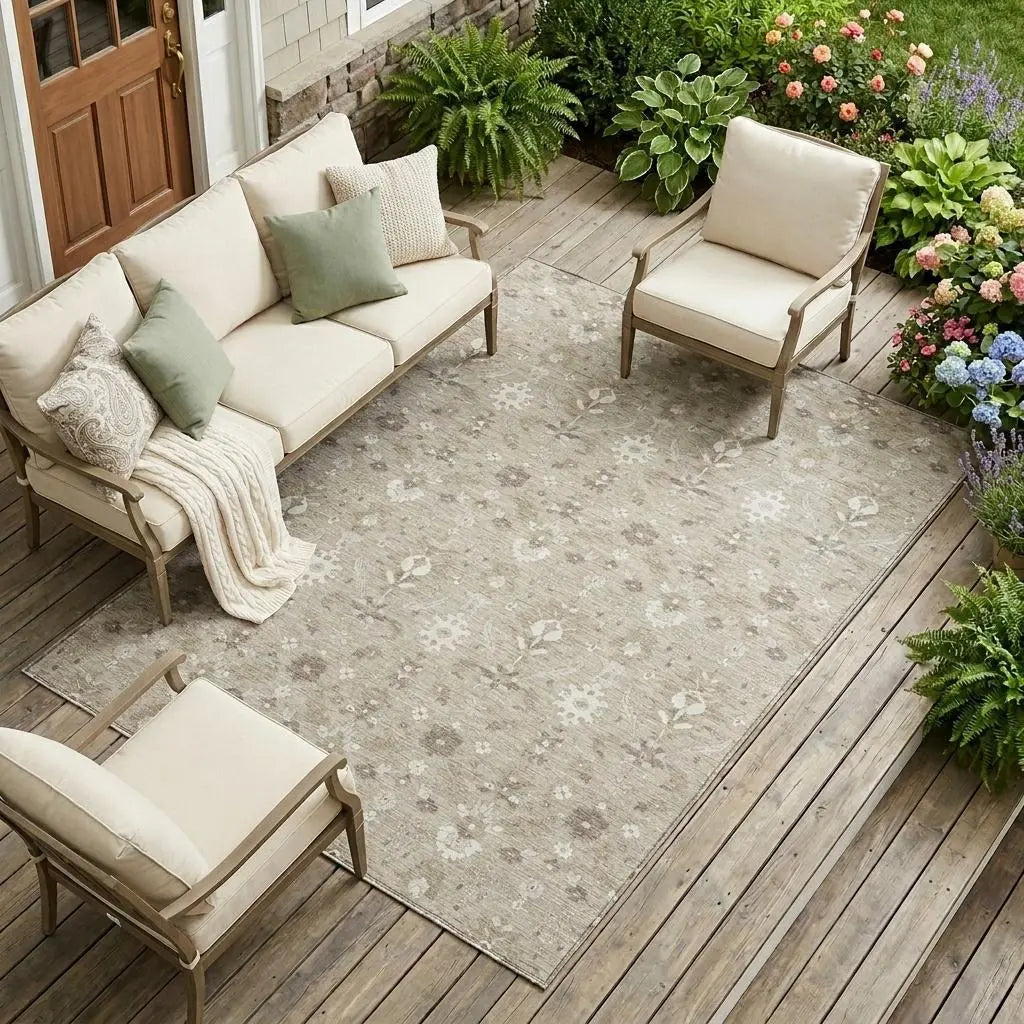 10' X 14' Beige And Brown Oriental Washable Indoor Outdoor Area Rug Homeroots Outdoor