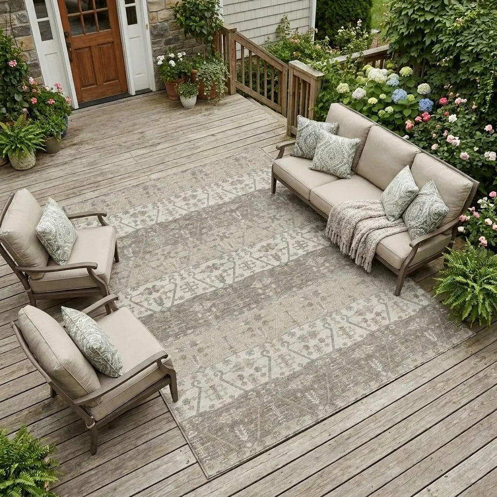 10' X 14' Beige And Brown Oriental Washable Indoor Outdoor Area Rug Homeroots Outdoor
