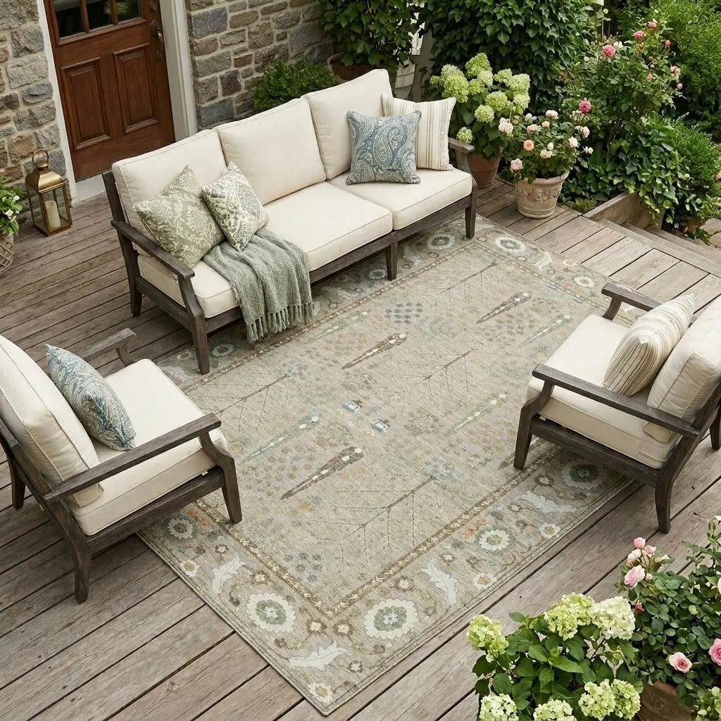 10' X 14' Beige And Brown Oriental Washable Indoor Outdoor Area Rug Homeroots Outdoor
