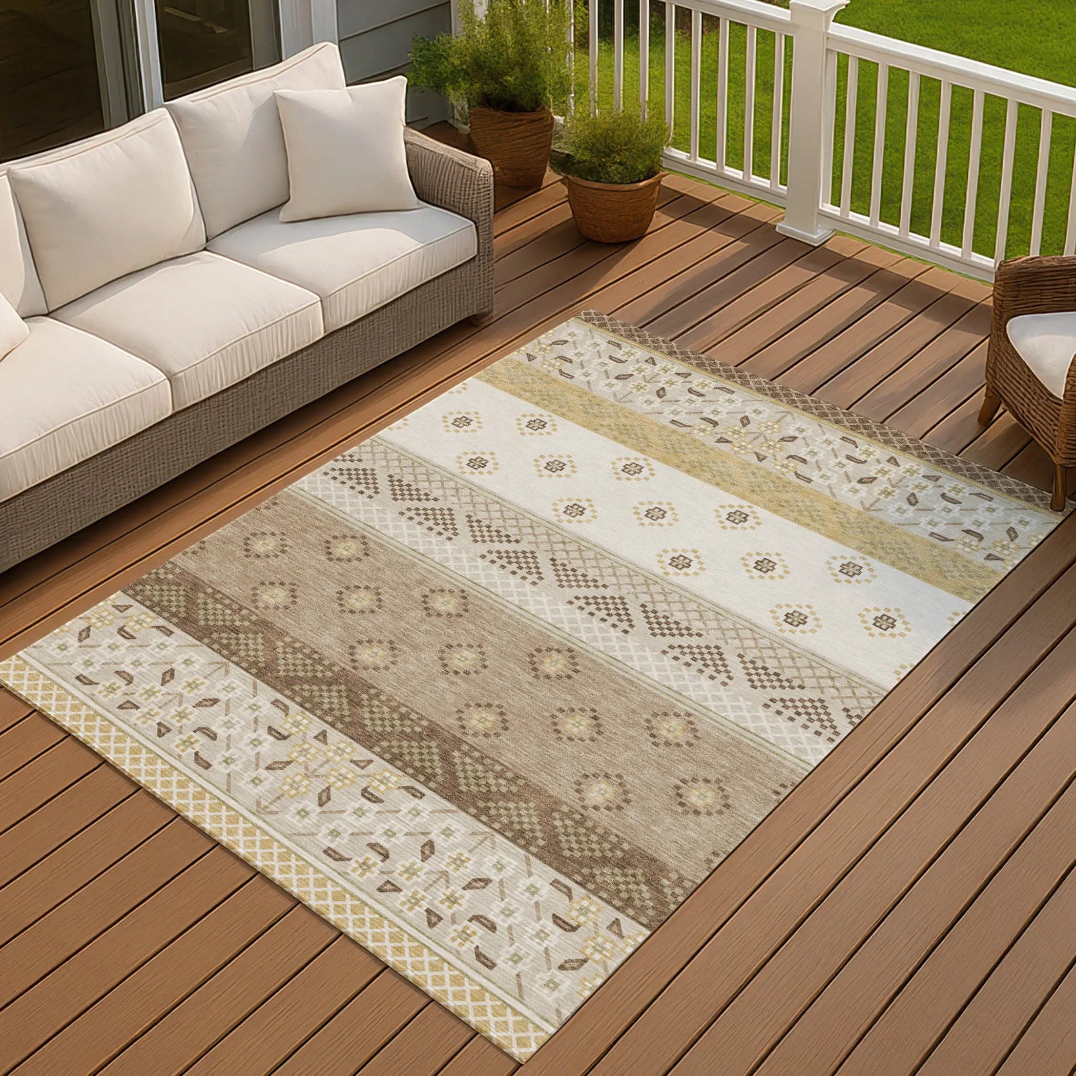 10' X 14' Beige And Brown Striped Washable Indoor Outdoor Area Rug Homeroots Outdoor