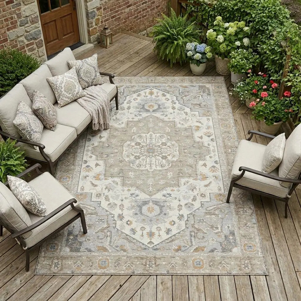 10' X 14' Beige And Copper Oriental Washable Indoor Outdoor Area Rug Homeroots Outdoor