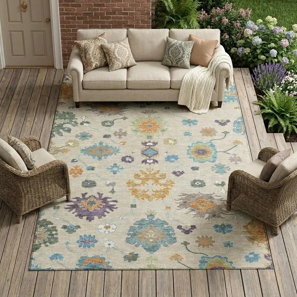 10' X 14' Beige And Green Oriental Washable Indoor Outdoor Area Rug Homeroots Outdoor