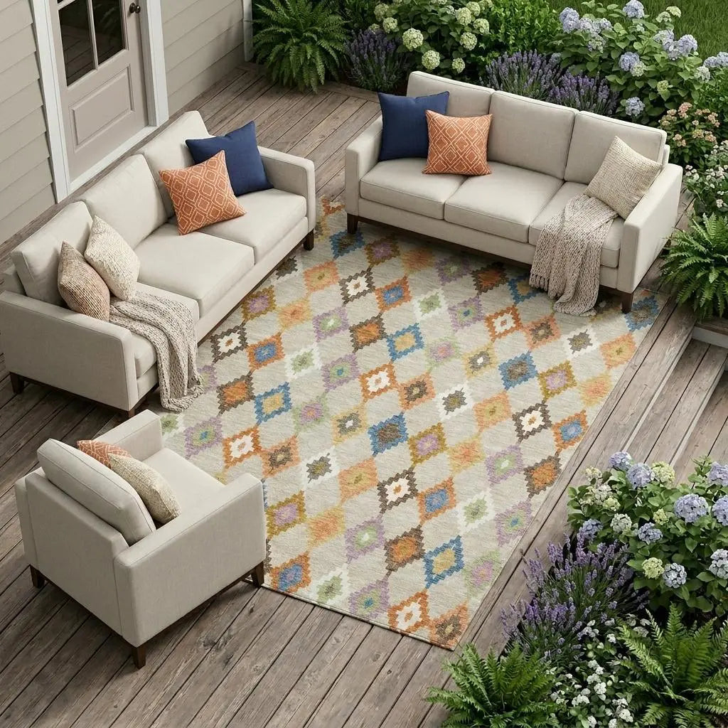 10' X 14' Beige And Ivory Aztec Washable Indoor Outdoor Area Rug Homeroots Outdoor