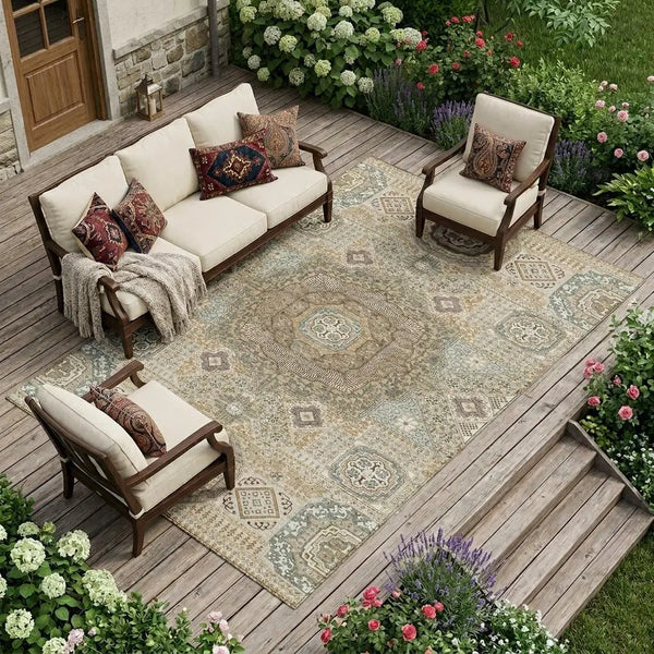 10' X 14' Beige And Ivory Oriental Washable Indoor Outdoor Area Rug Homeroots Outdoor