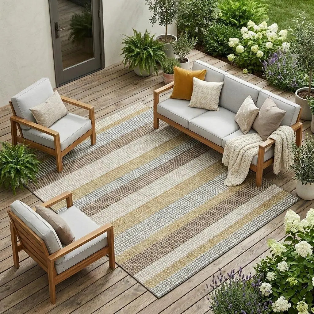 10' X 14' Beige And Ivory Striped Washable Indoor Outdoor Area Rug Homeroots Outdoor