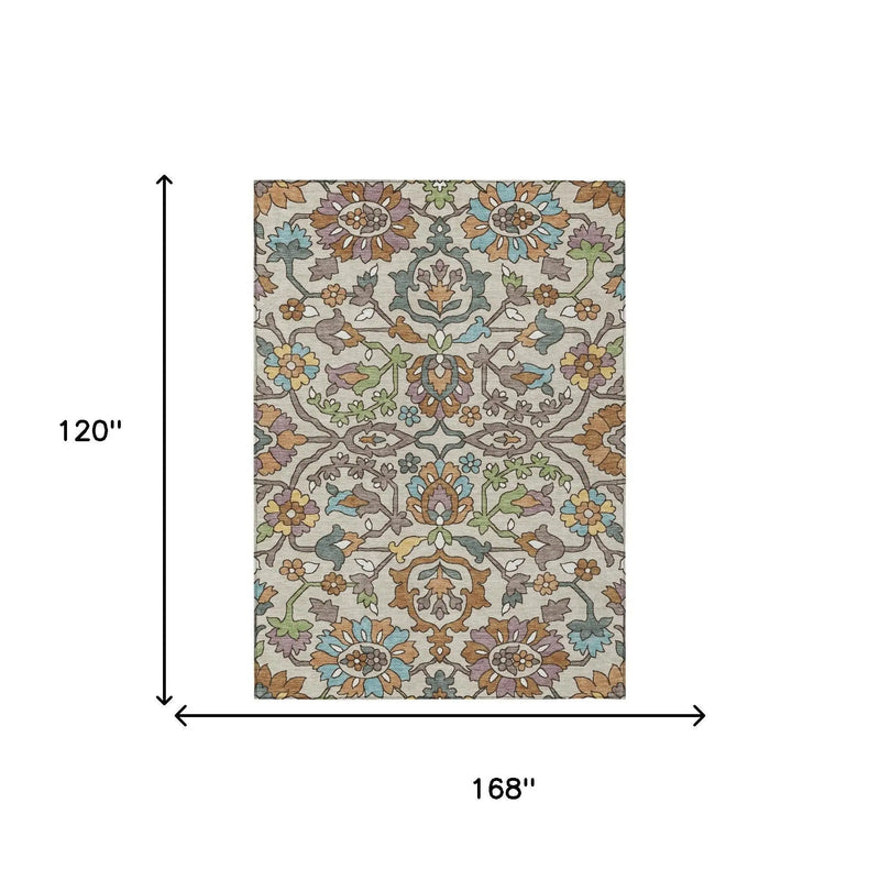 10' X 14' Beige And Orange Floral Washable Indoor Outdoor Area Rug Homeroots Outdoor