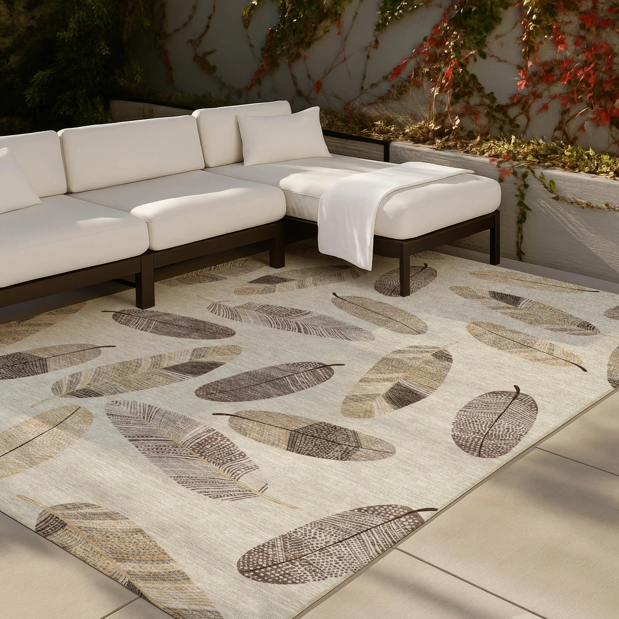 10' X 14' Beige And Sky Blue Botanical Leaves Washable Indoor Outdoor Area Rug Homeroots Outdoor