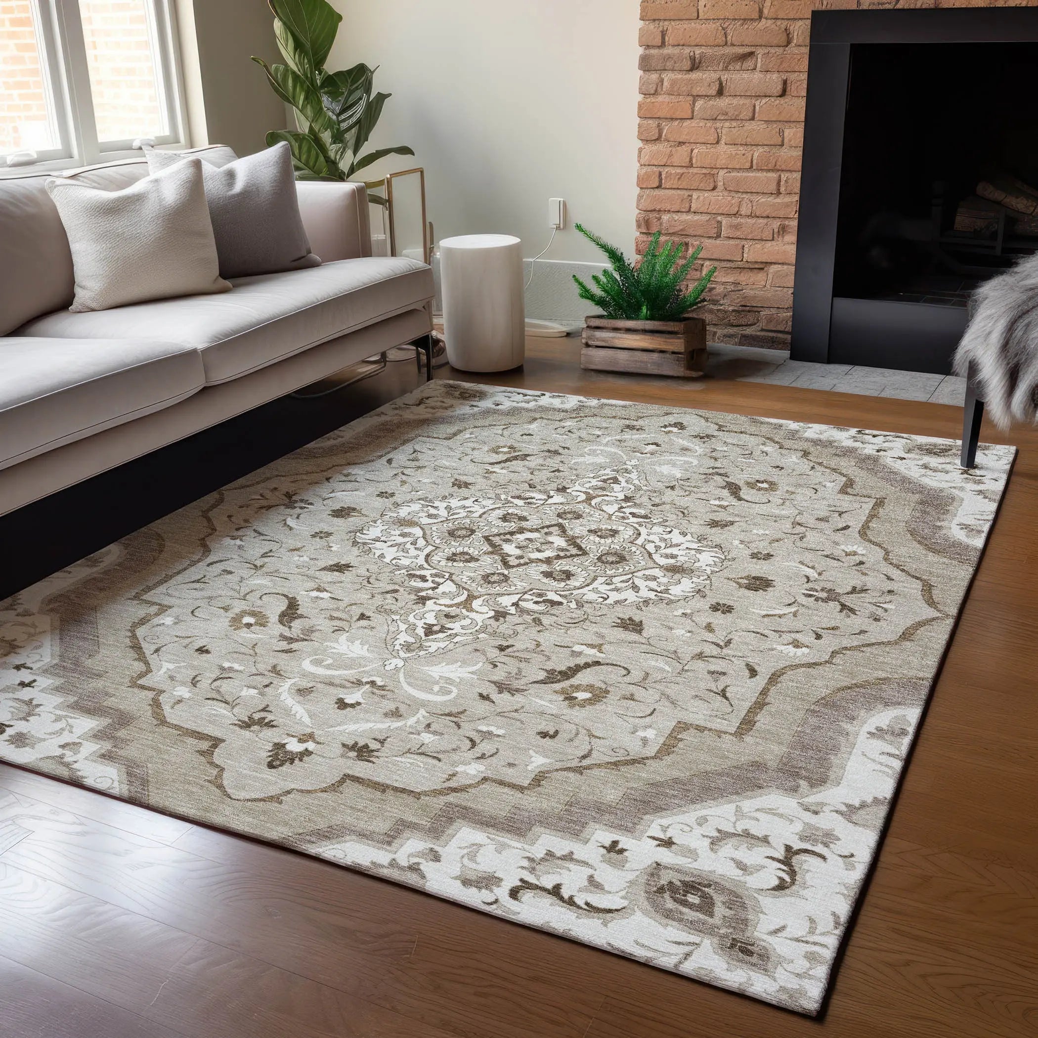 10' X 14' Beige And Taupe Medallion Washable Indoor Outdoor Area Rug Homeroots Outdoor