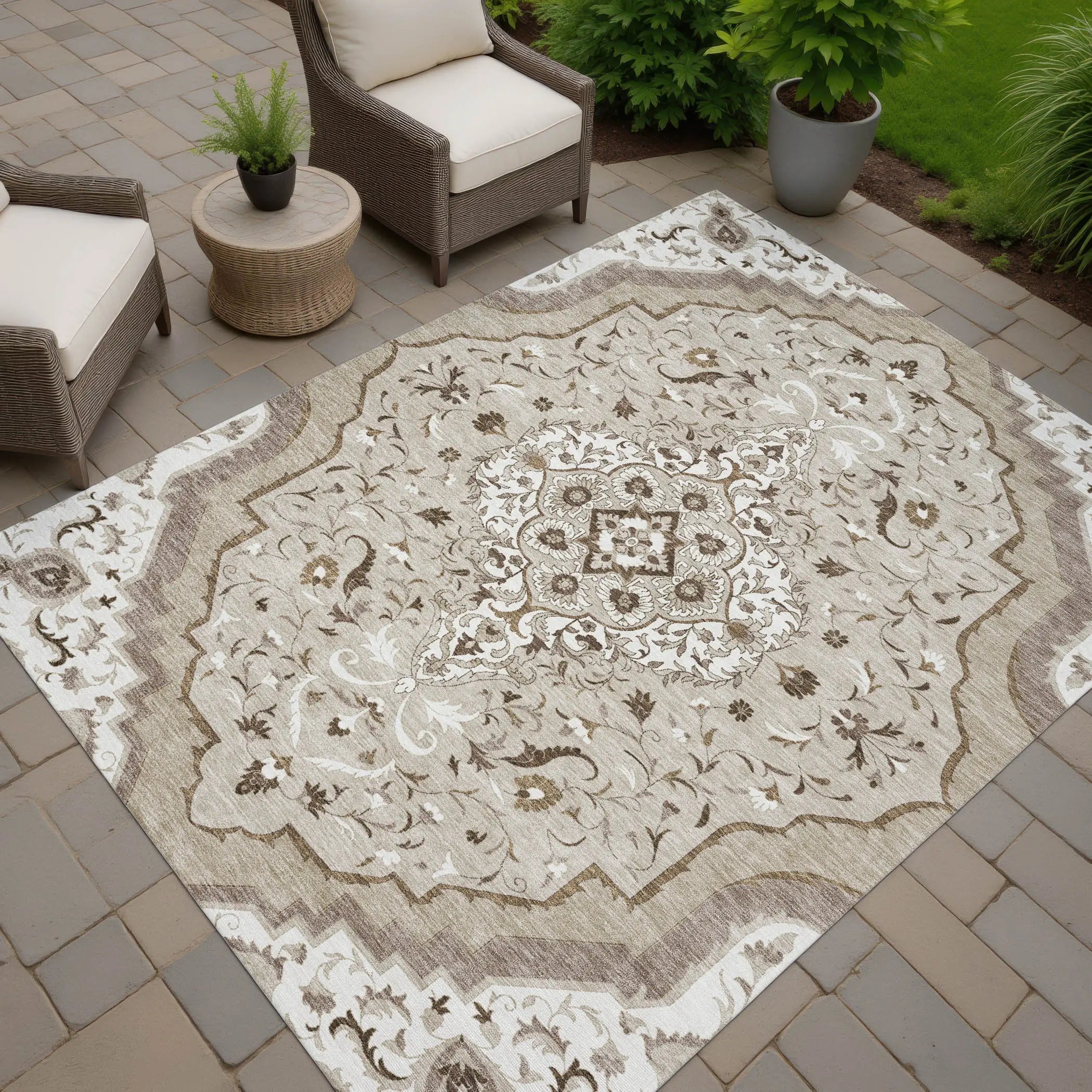 10' X 14' Beige And Taupe Medallion Washable Indoor Outdoor Area Rug Homeroots Outdoor