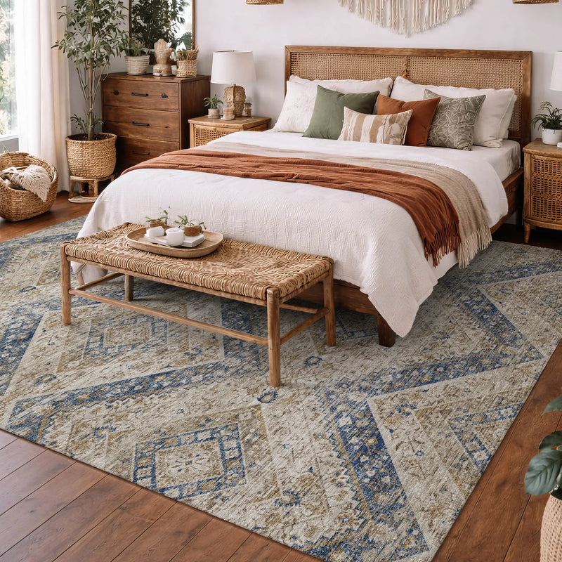 10' X 14' Beige And Teal Blue Tribal Washable Indoor Outdoor Area Rug Homeroots Outdoor