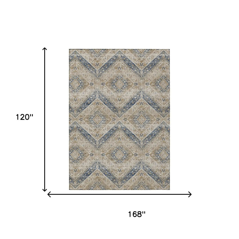 10' X 14' Beige And Teal Blue Tribal Washable Indoor Outdoor Area Rug Homeroots Outdoor