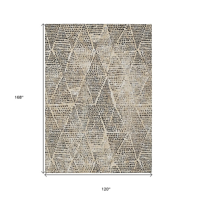 10' X 14' Beige Ivory And Black Geometric Washable Indoor Outdoor Area Rug - GreatEagleInc