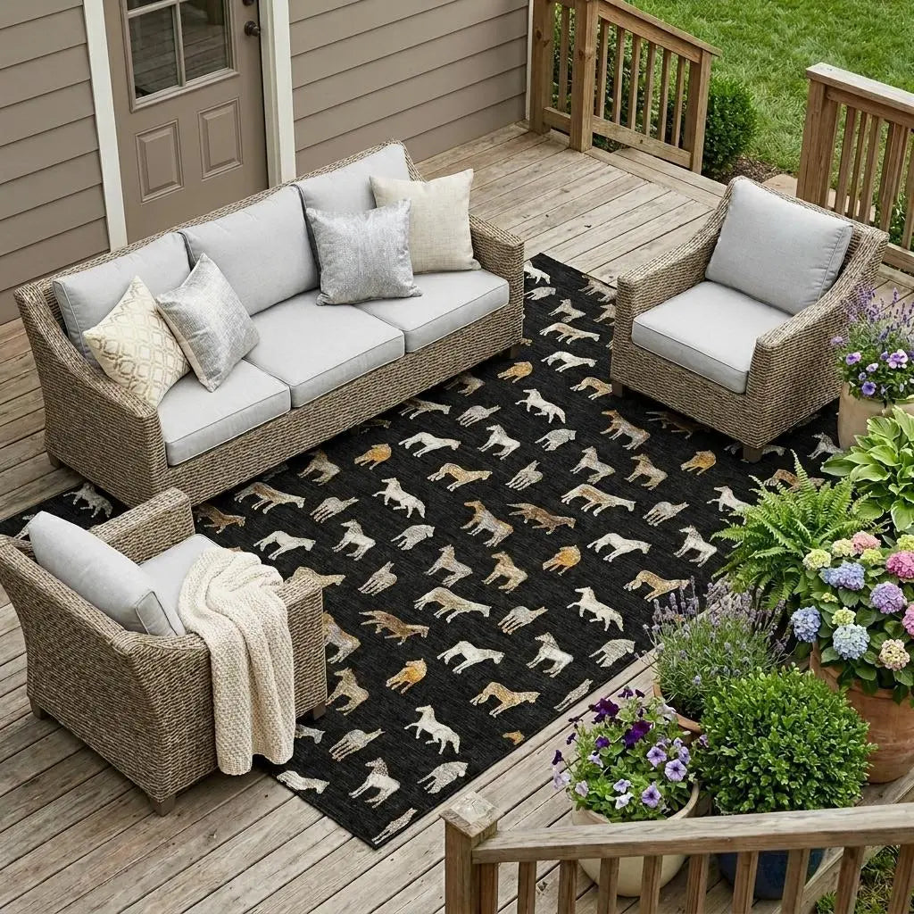 10' X 14' Black And Beige Horse Washable Indoor Outdoor Area Rug Homeroots Outdoor