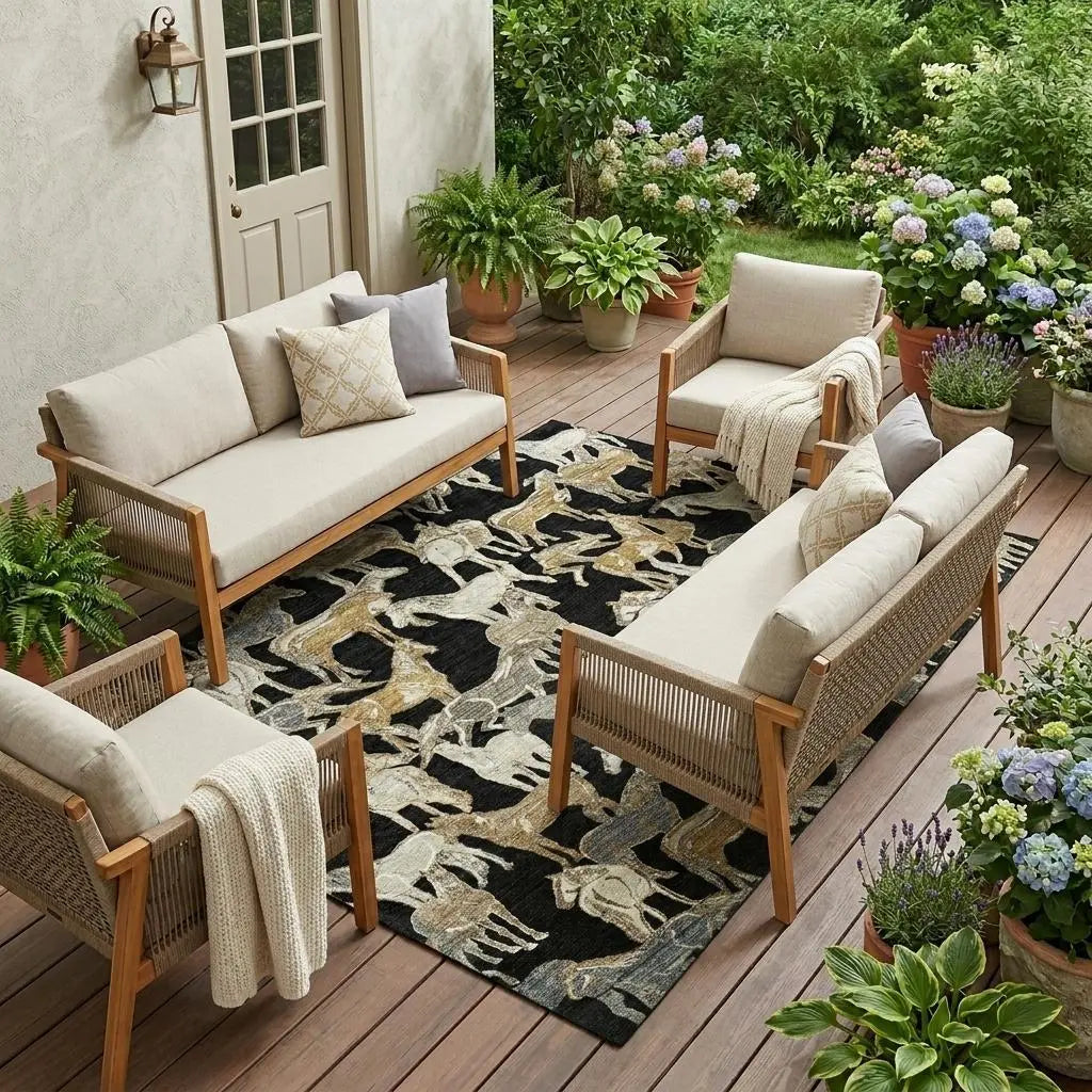 10' X 14' Black And Beige Horse Washable Indoor Outdoor Area Rug Homeroots Outdoor