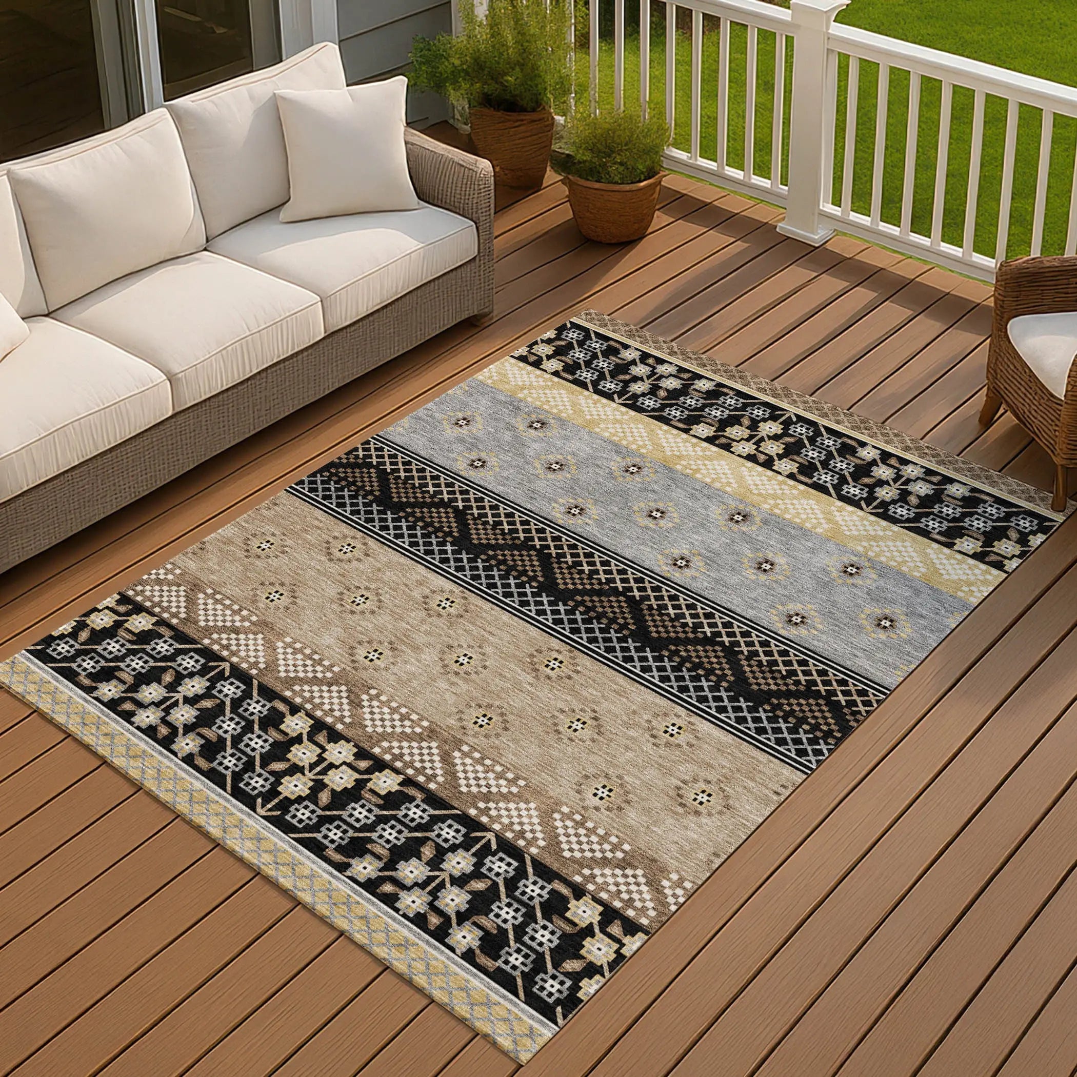 10' X 14' Black And Beige Striped Washable Indoor Outdoor Area Rug Homeroots Outdoor