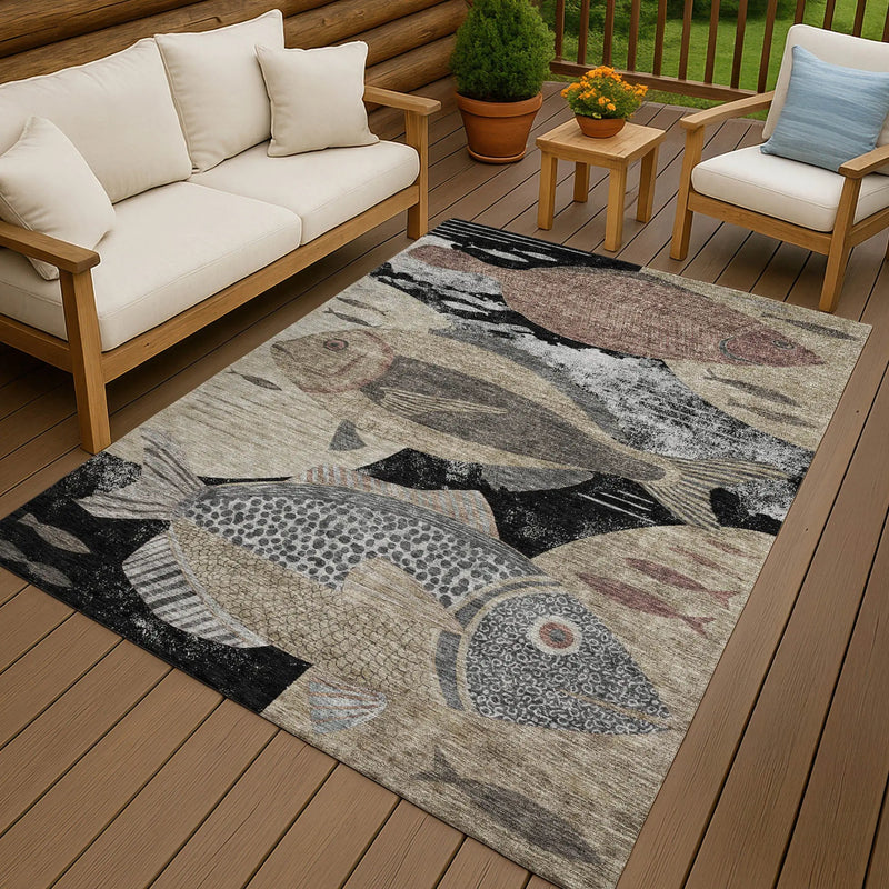 10' X 14' Black And Beige Tropical Fish Washable Indoor Outdoor Area Rug Homeroots Outdoor