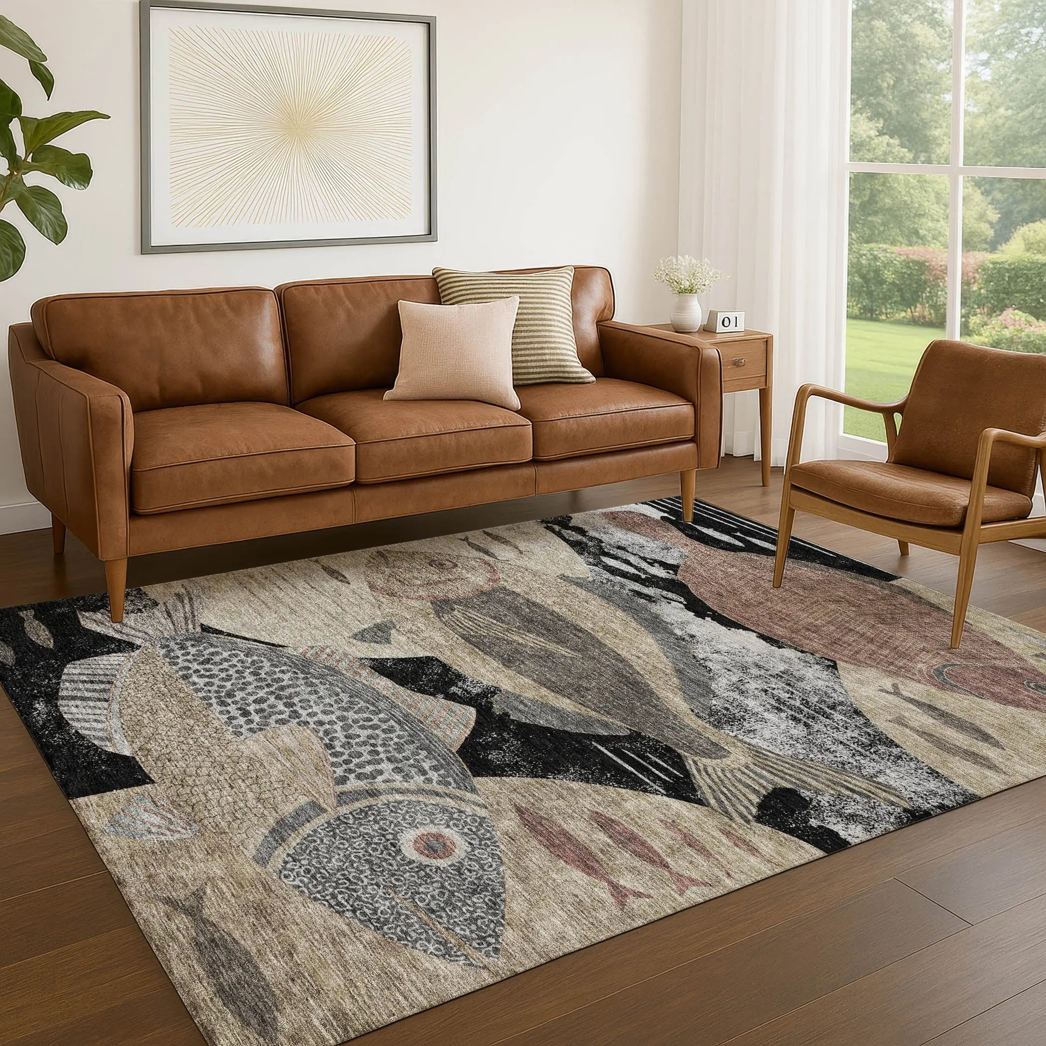 10' X 14' Black And Beige Tropical Fish Washable Indoor Outdoor Area Rug Homeroots Outdoor
