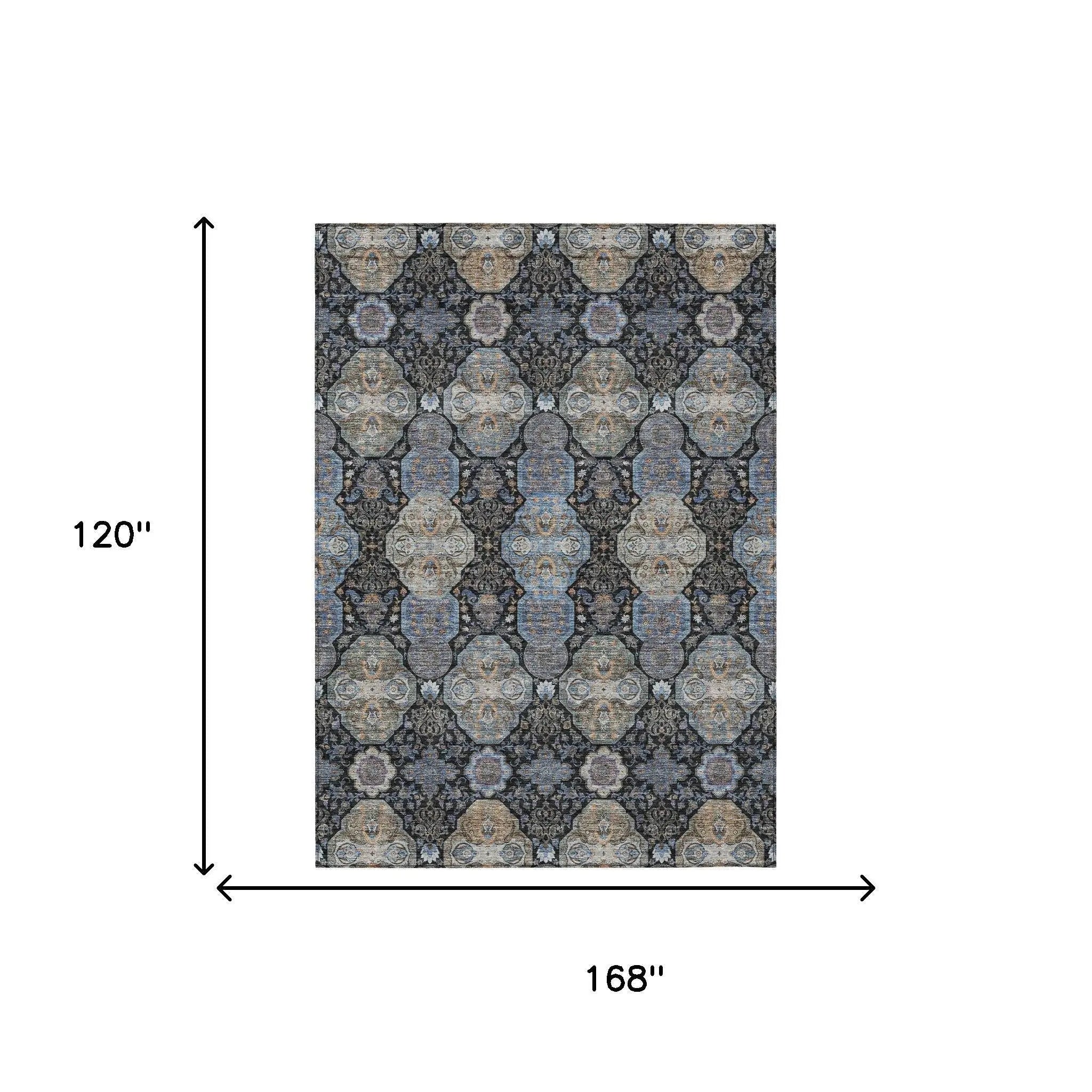 10' X 14' Black And Blue Floral Washable Indoor Outdoor Area Rug Homeroots Outdoor