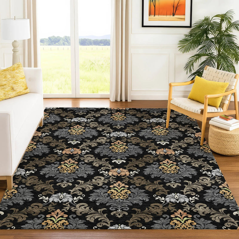 10' X 14' Black And Charcoal Damask Washable Indoor Outdoor Area Rug Homeroots Outdoor