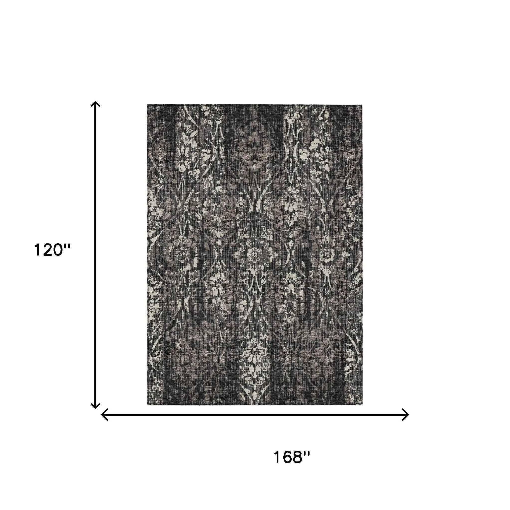 Black and gray floral patterned area rug, 120" x 168", made of durable synthetic fibers, adds elegance to any space.