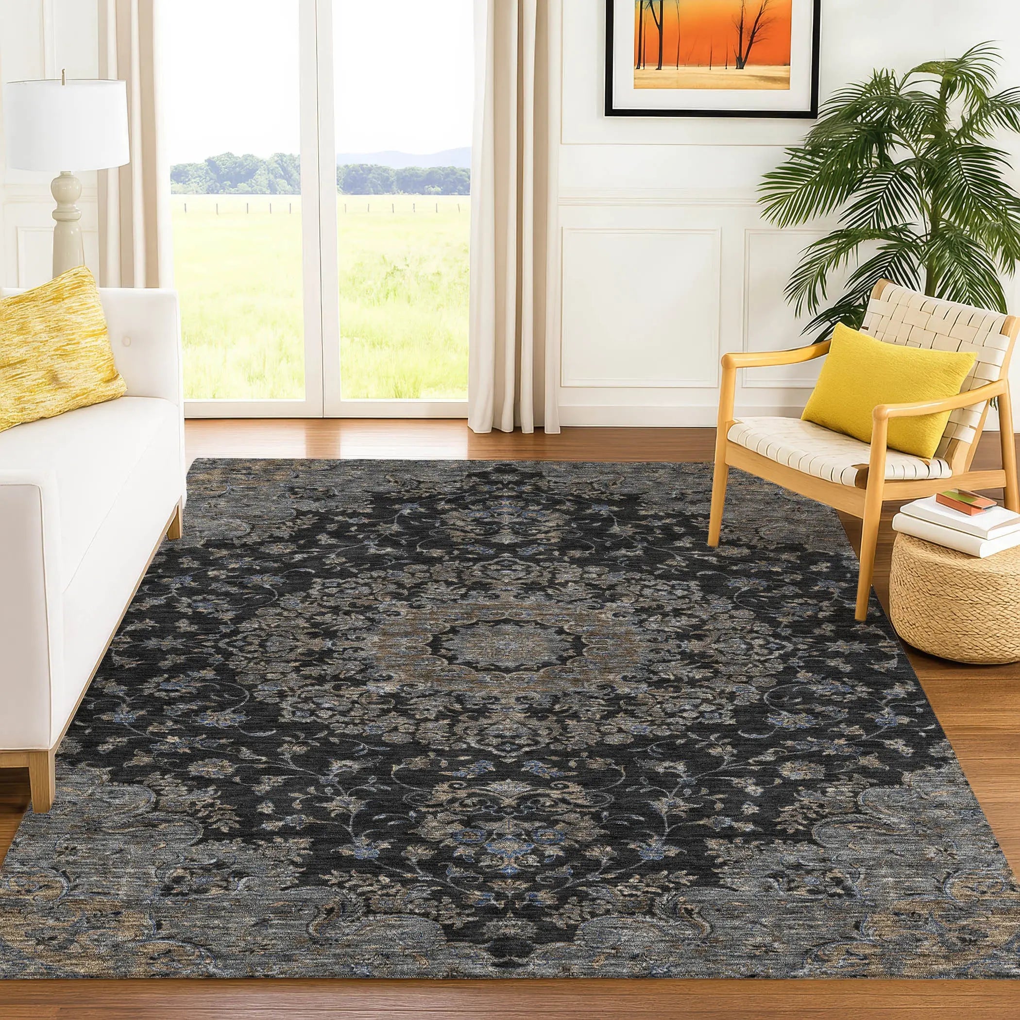 10' X 14' Black And Charcoal Floral Medallion Washable Indoor Outdoor Area Rug Homeroots Outdoor