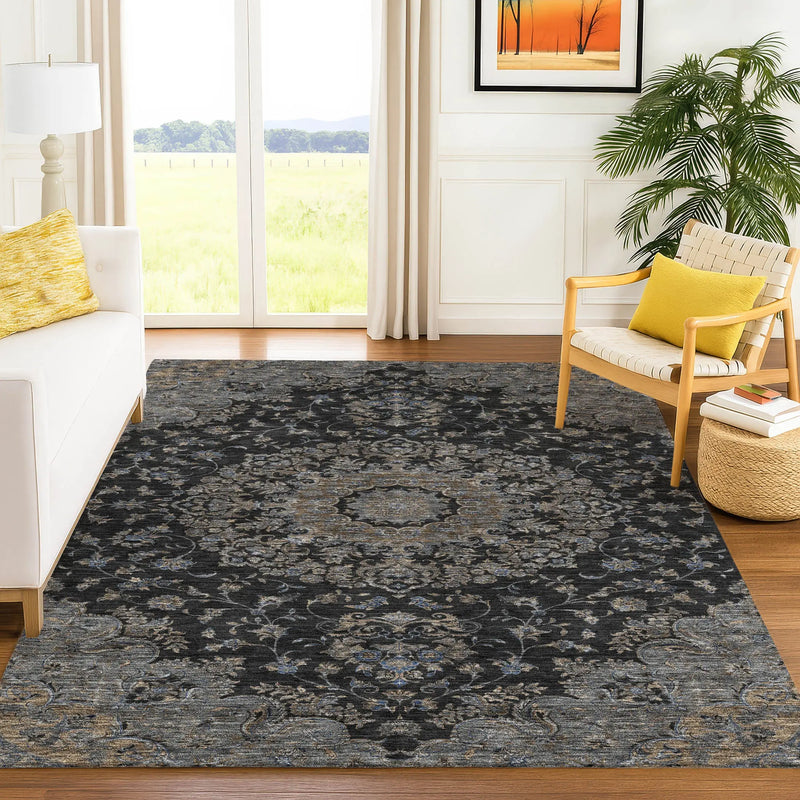 10' X 14' Black And Charcoal Floral Medallion Washable Indoor Outdoor Area Rug Homeroots Outdoor