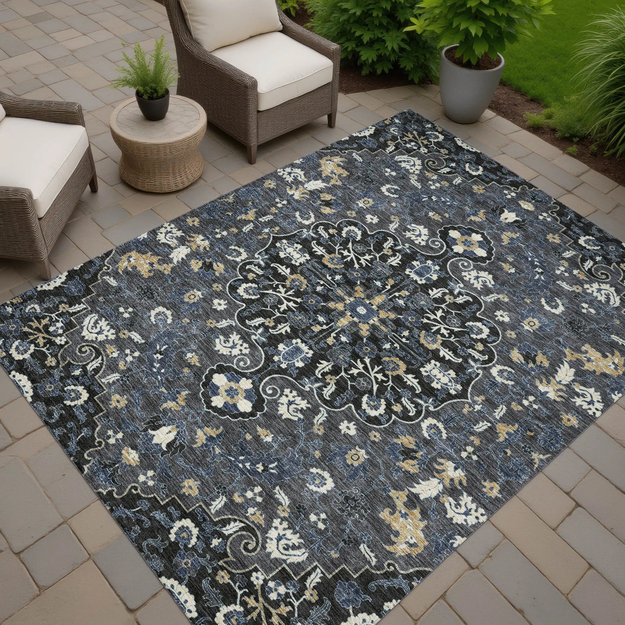 10' X 14' Black And Charcoal Floral Medallion Washable Indoor Outdoor Area Rug Homeroots Outdoor