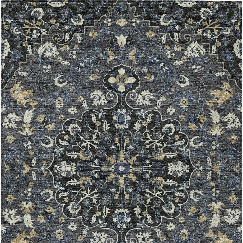 10' X 14' Black And Charcoal Floral Medallion Washable Indoor Outdoor Area Rug Homeroots Outdoor