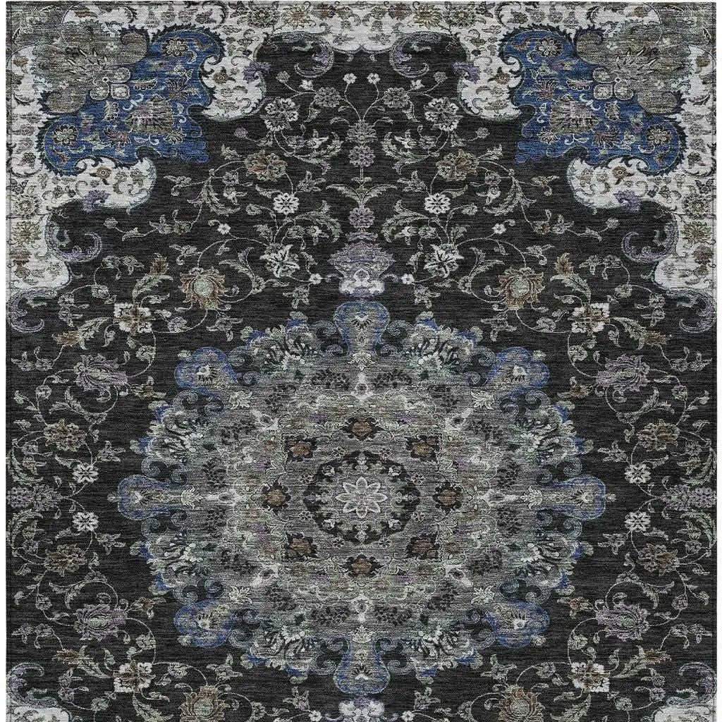 10' X 14' Black And Charcoal Floral Medallion Washable Indoor Outdoor Area Rug Homeroots Outdoor