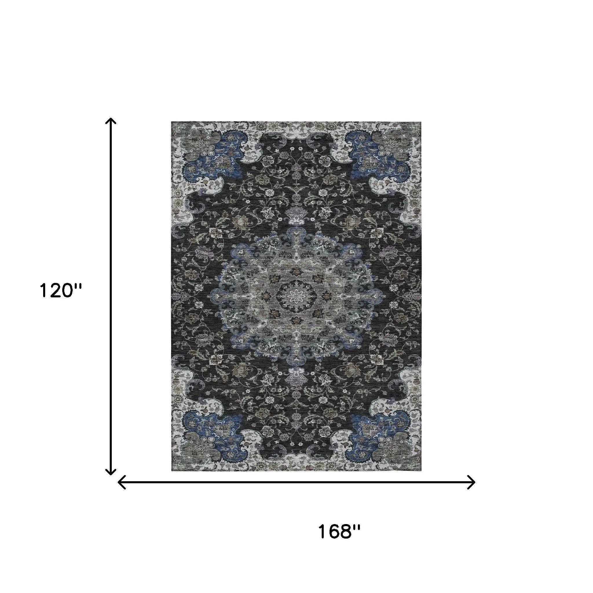 10' X 14' Black And Charcoal Floral Medallion Washable Indoor Outdoor Area Rug Homeroots Outdoor