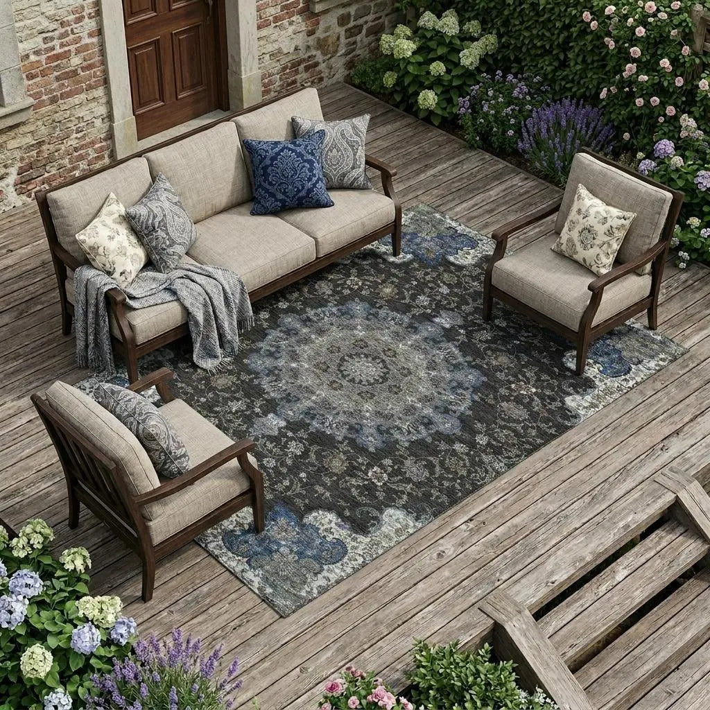 10' X 14' Black And Charcoal Floral Medallion Washable Indoor Outdoor Area Rug Homeroots Outdoor
