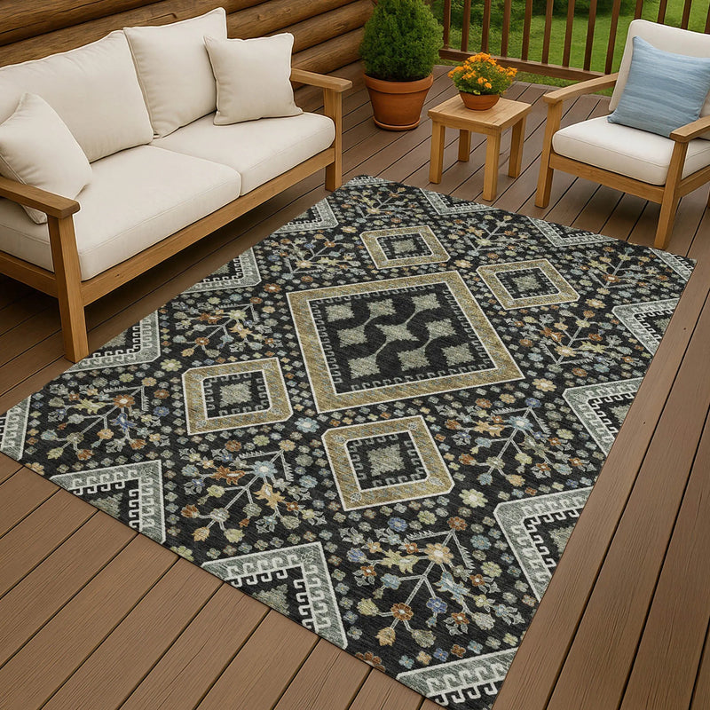 10' X 14' Black And Fern Green Medallion Washable Indoor Outdoor Area Rug Homeroots Outdoor
