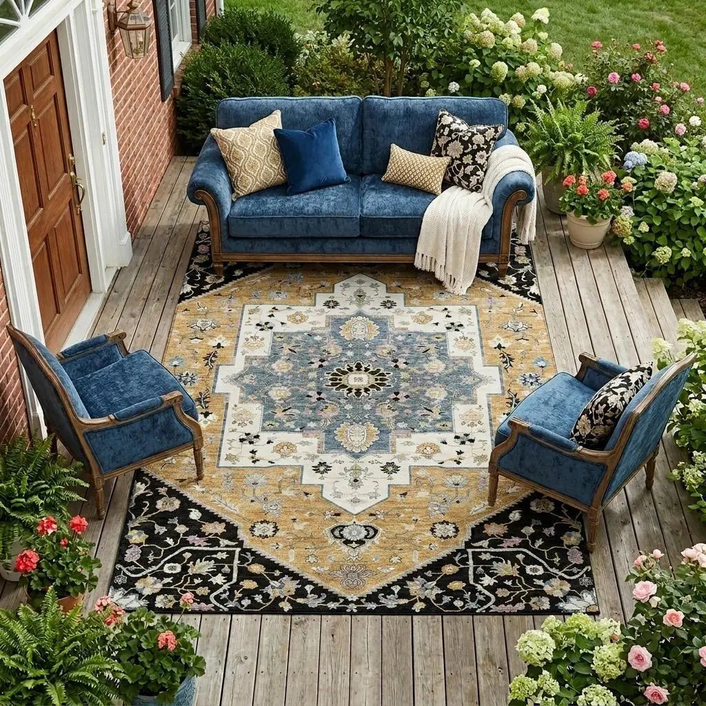 10' X 14' Black And Gold Floral Medallion Washable Indoor Outdoor Area Rug Homeroots Outdoor