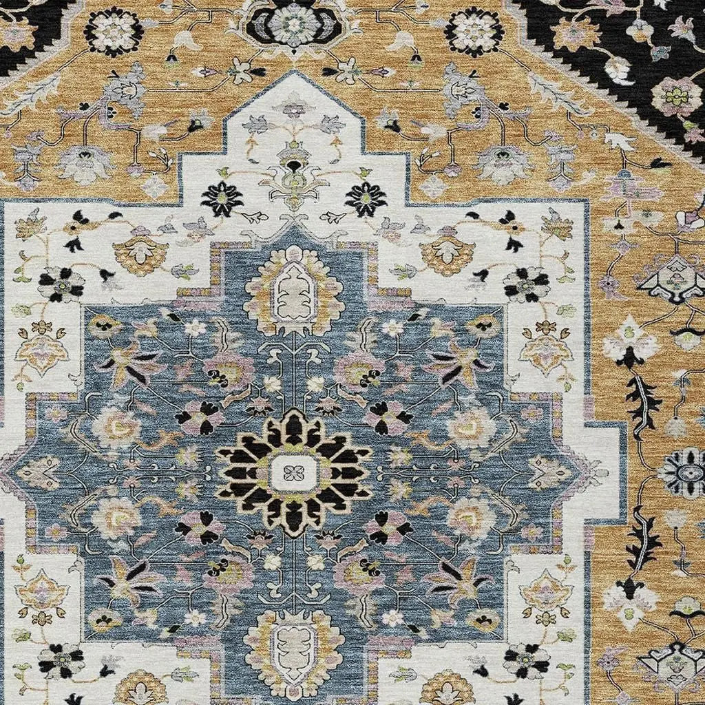 10' X 14' Black And Gold Floral Medallion Washable Indoor Outdoor Area Rug Homeroots Outdoor