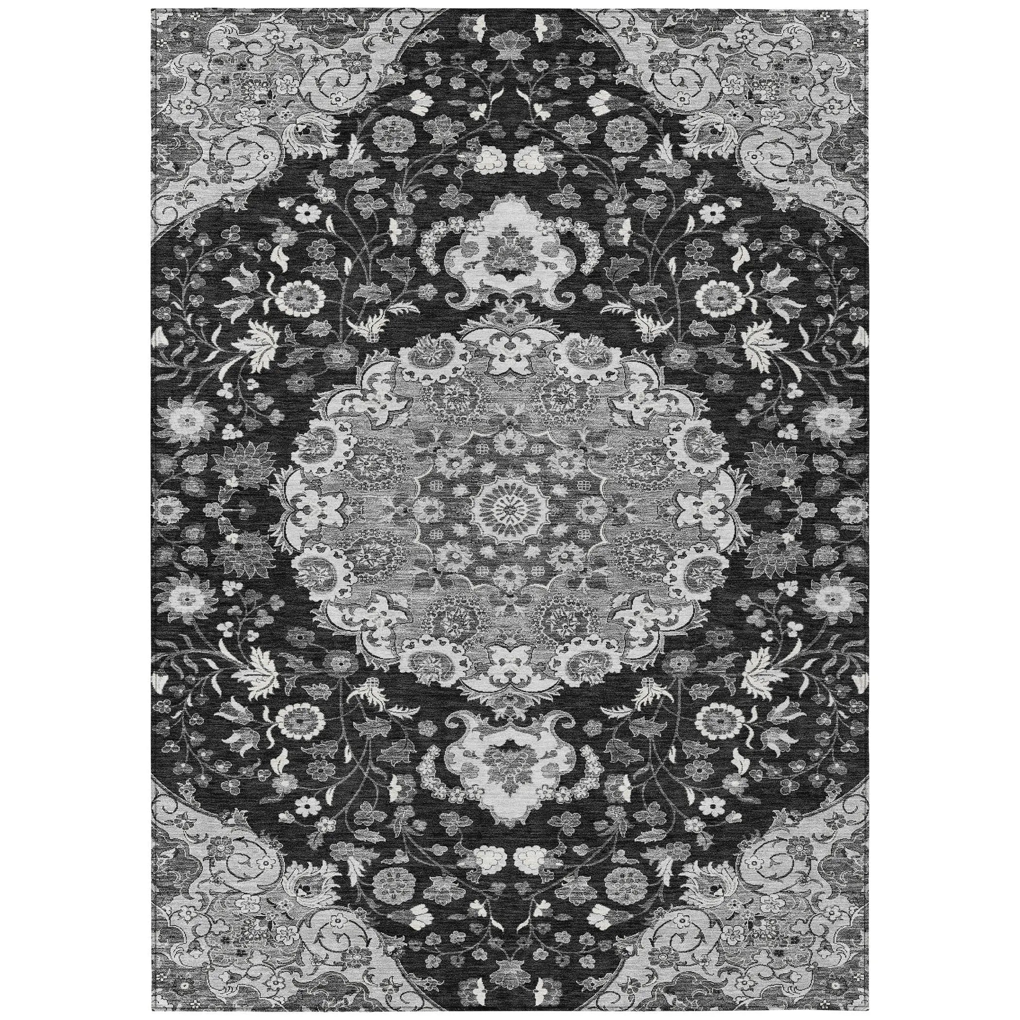 10' X 14' Black And Granite Gray Damask Washable Indoor Outdoor Area Rug Homeroots Outdoor
