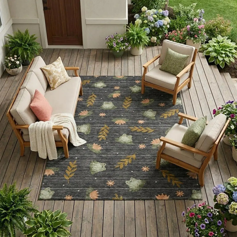 10' X 14' Black And Graphite Botanical Leaves Washable Indoor Outdoor Area Rug Homeroots Outdoor