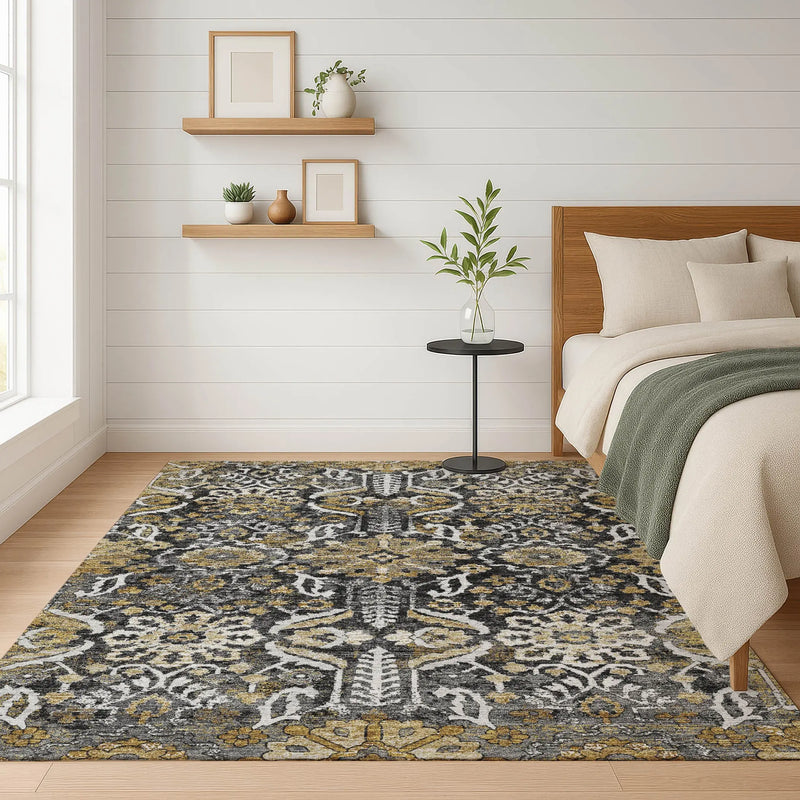 10' X 14' Black And Graphite Damask Washable Indoor Outdoor Area Rug Homeroots Outdoor