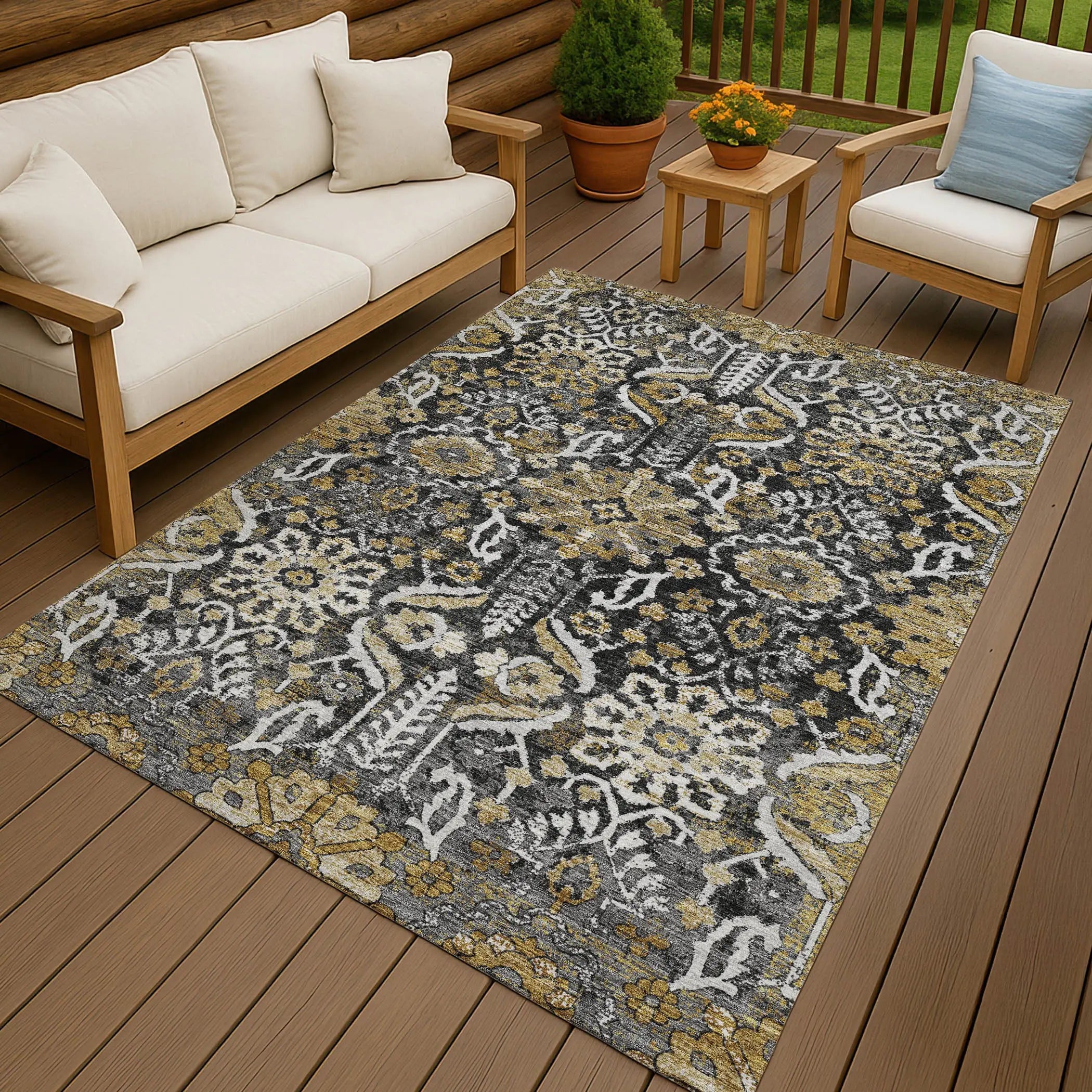 10' X 14' Black And Graphite Damask Washable Indoor Outdoor Area Rug Homeroots Outdoor