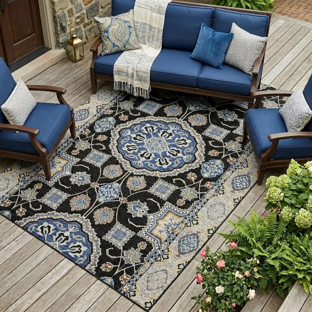 10' X 14' Black And Graphite Floral Medallion Washable Indoor Outdoor Area Rug Homeroots Outdoor