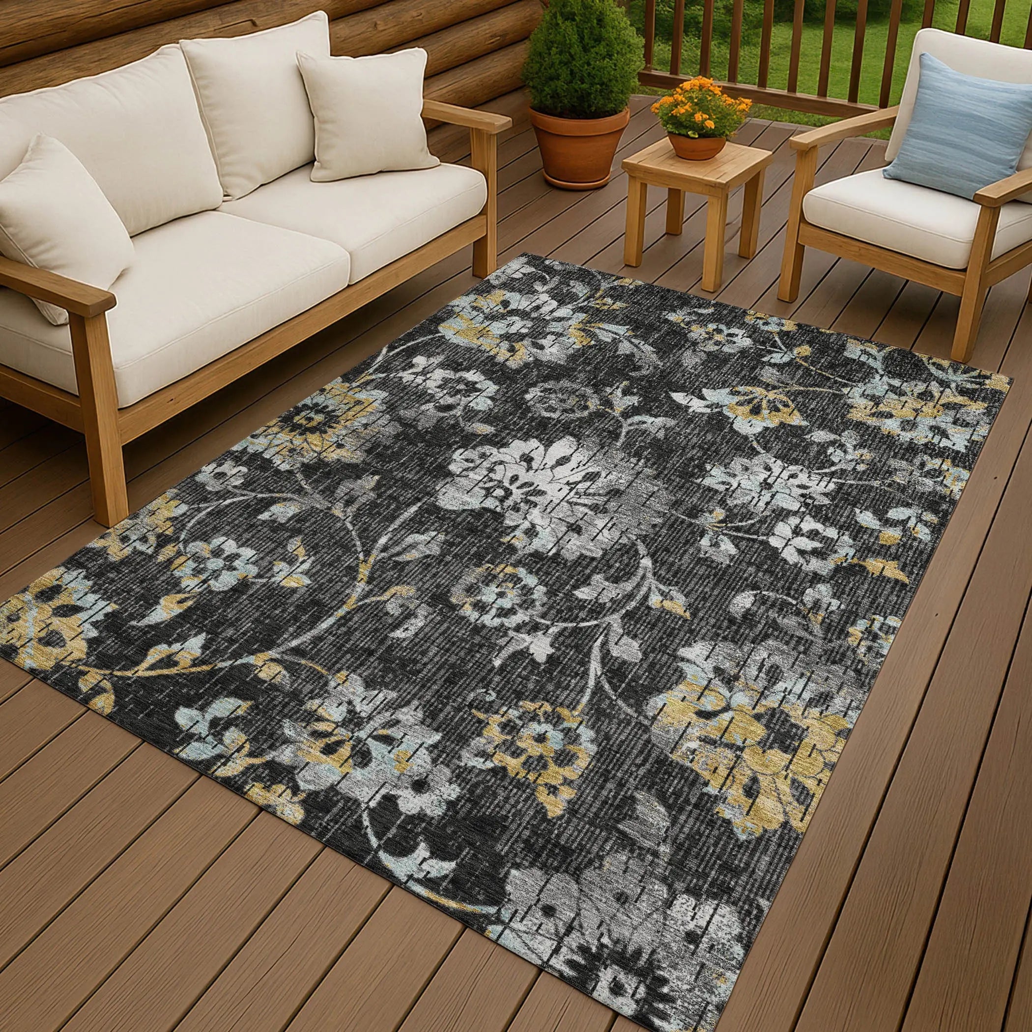 10' X 14' Black And Graphite Floral Washable Indoor Outdoor Area Rug Homeroots Outdoor