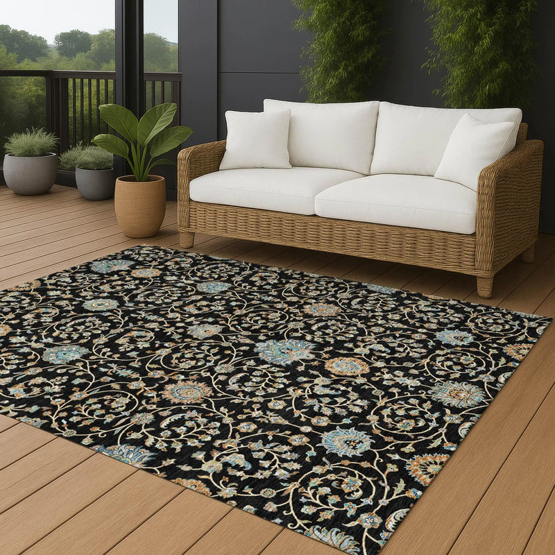 10' X 14' Black And Graphite Floral Washable Indoor Outdoor Area Rug Homeroots Outdoor