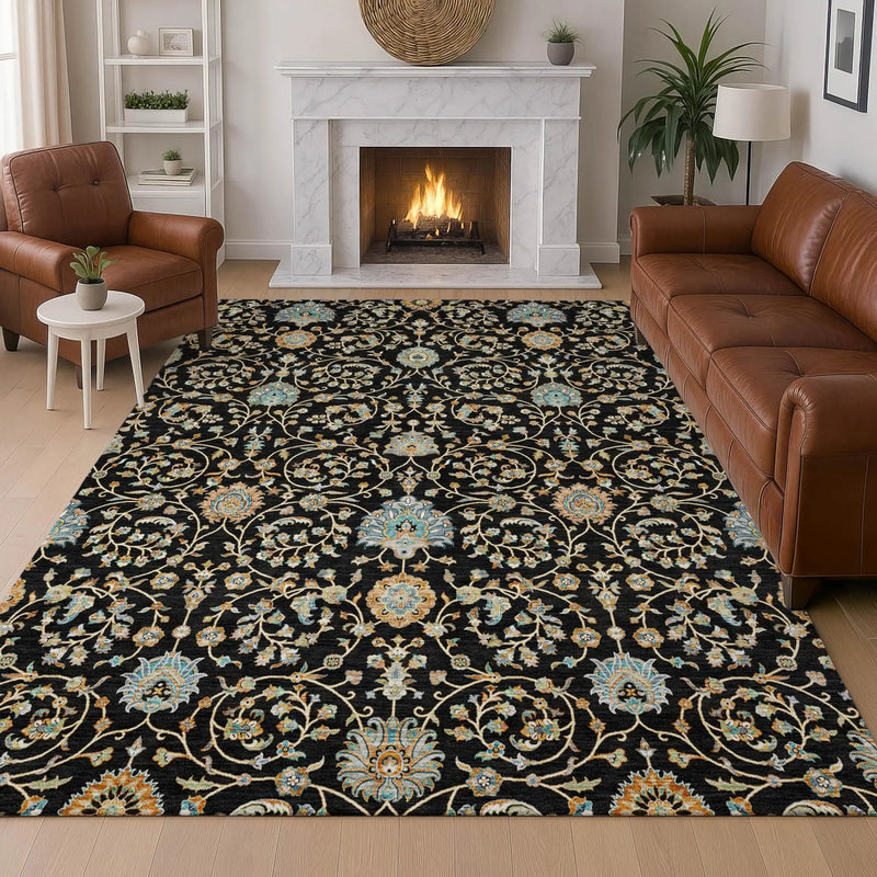 10' X 14' Black And Graphite Floral Washable Indoor Outdoor Area Rug Homeroots Outdoor