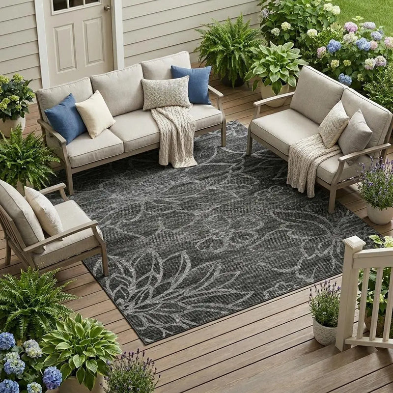 10' X 14' Black And Graphite Floral Washable Indoor Outdoor Area Rug Homeroots Outdoor