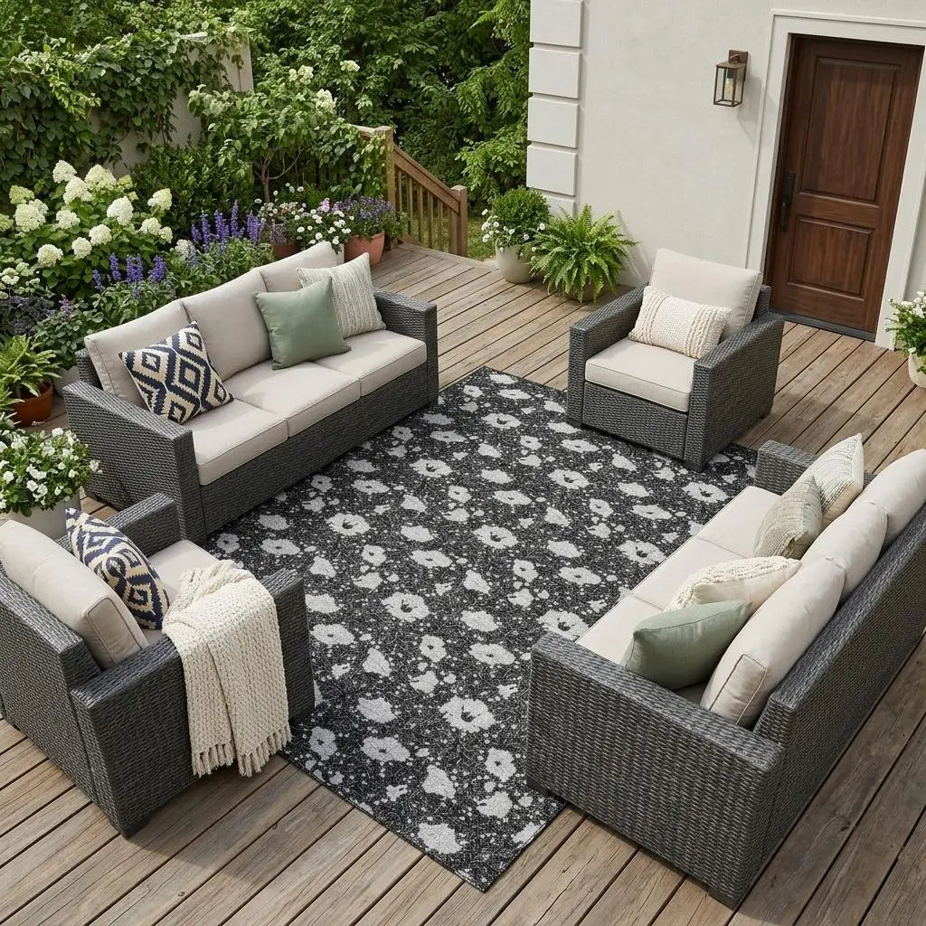 10' X 14' Black And Graphite Floral Washable Indoor Outdoor Area Rug Homeroots Outdoor