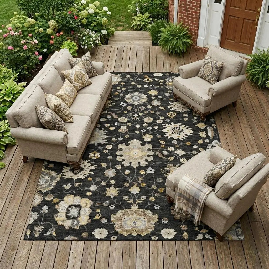 10' X 14' Black And Graphite Floral Washable Indoor Outdoor Area Rug Homeroots Outdoor