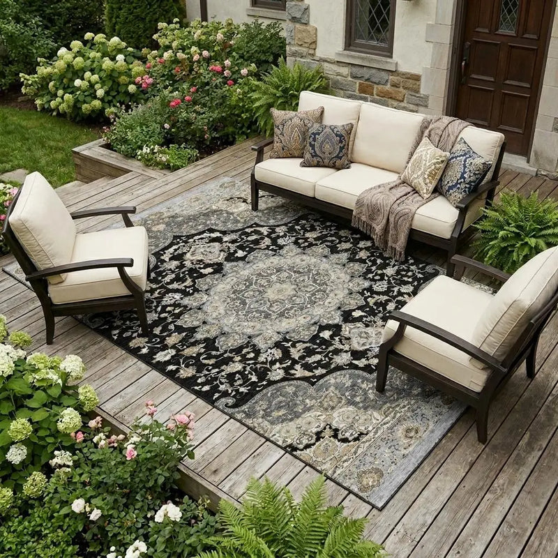 10' X 14' Black And Graphite Oriental Washable Indoor Outdoor Area Rug Homeroots Outdoor