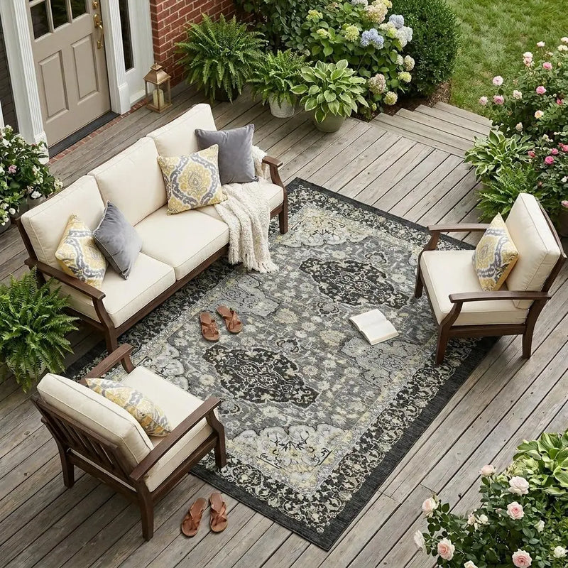 10' X 14' Black And Graphite Oriental Washable Indoor Outdoor Area Rug Homeroots Outdoor