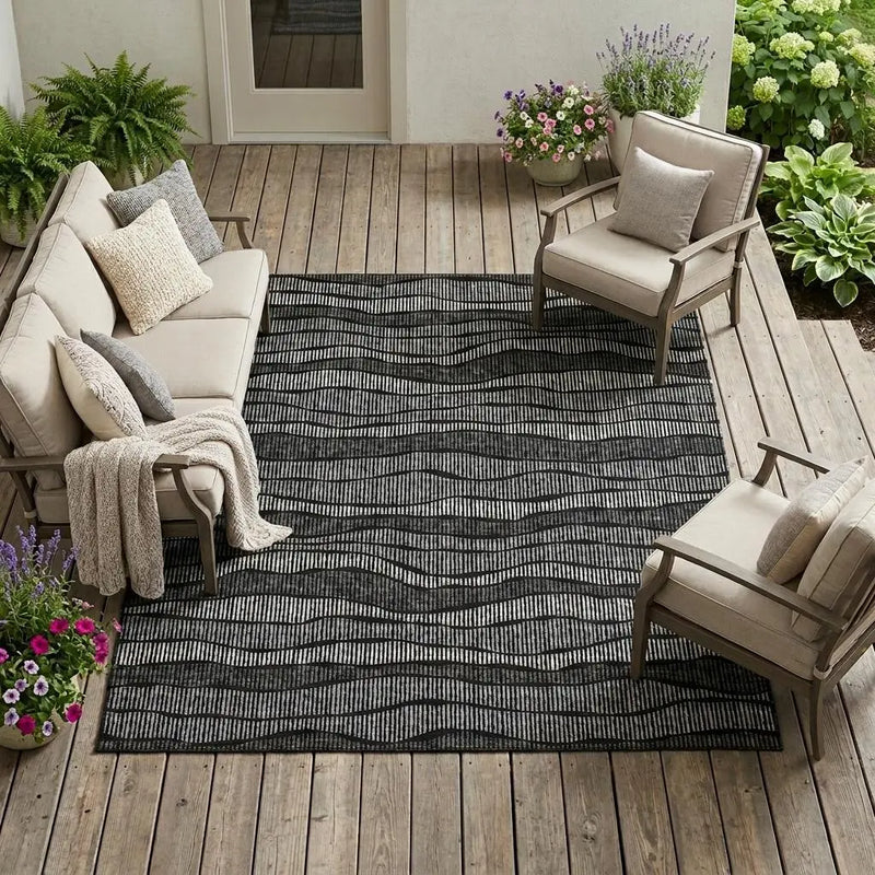 10' X 14' Black And Graphite Striped Washable Indoor Outdoor Area Rug Homeroots Outdoor