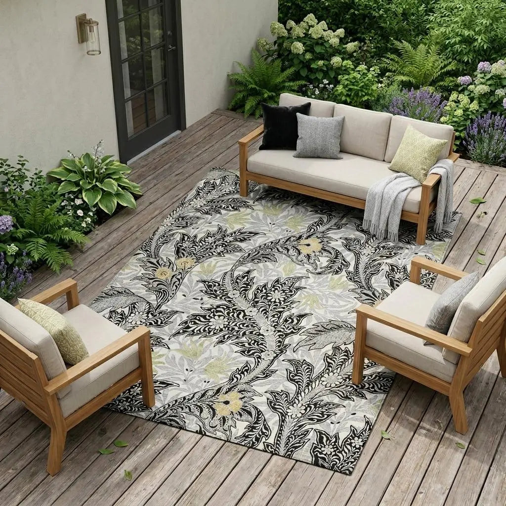 10' X 14' Black And Gray Botanical Leaves Washable Indoor Outdoor Area Rug Homeroots Outdoor