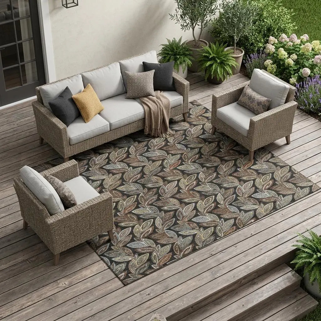 10' X 14' Black And Gray Botanical Leaves Washable Indoor Outdoor Area Rug Homeroots Outdoor